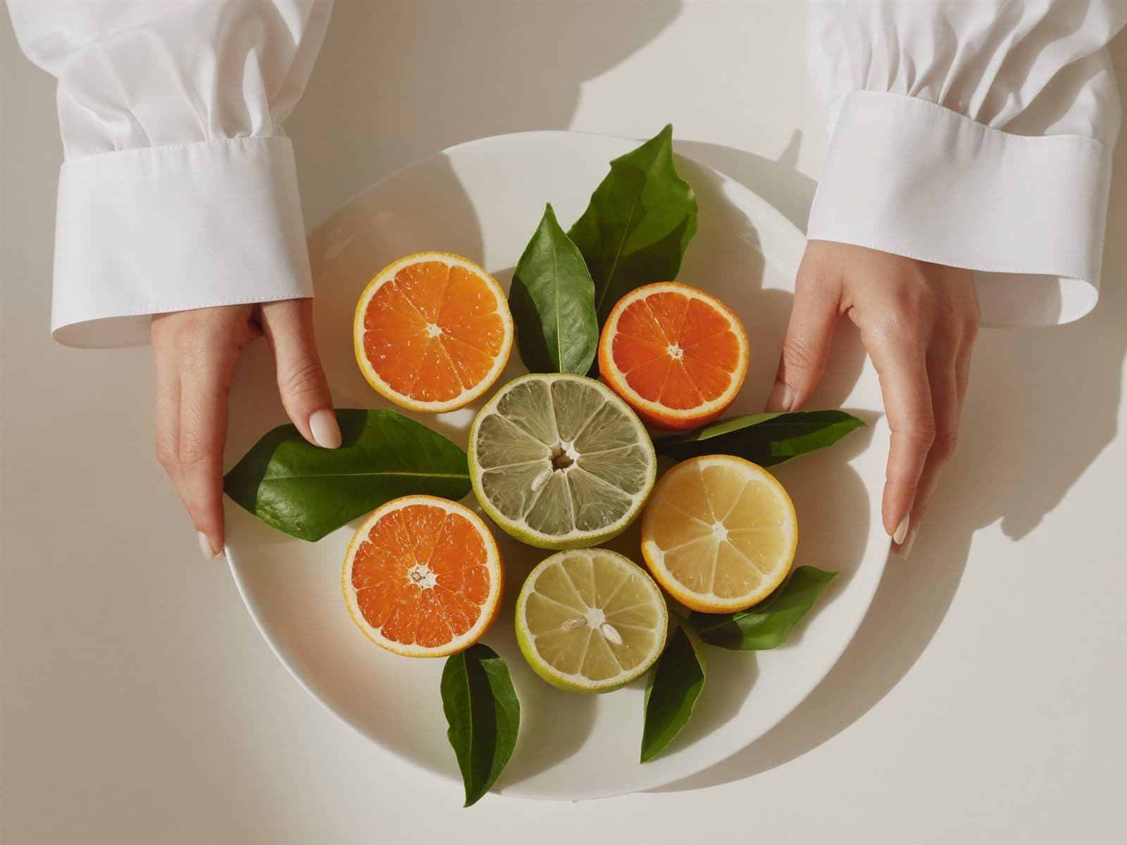 Manos de nutrióloga presentando un plato de cítricos frescos — la comida como tratamiento